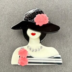 Modernist Lady in Hat Brooch Acrylic Layered Art Deco Style Rhinestone Necklace